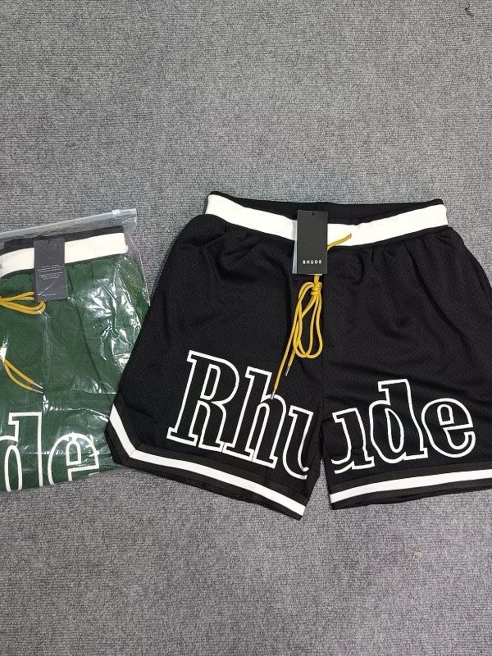 Rhude Black Athletic Logo Basketball Shorts with Yellow Drawcord